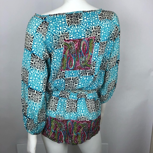 Tolani Boho Tunic Dress-Shirt Top-Silk Women's-Small-Turquoise Blue /Pink/Print - Picture 2 of 5